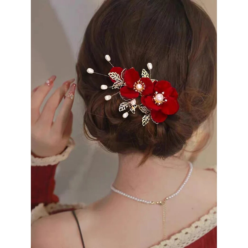 新中式红色绒花珍珠发夹女新娘头饰2025新款简约百搭发饰结婚配饰