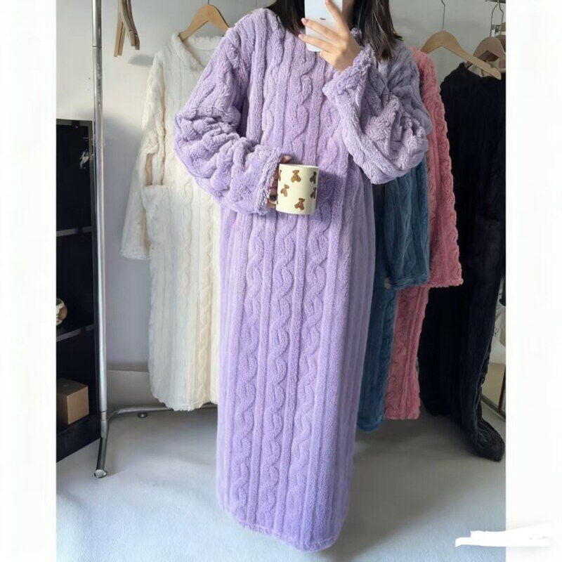 睡衣女冬季法兰绒睡裙女秋冬保暖中长款珊瑚绒可爱加厚学生韩版