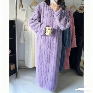 睡衣女冬季法兰绒睡裙女秋冬保暖中长款珊瑚绒可爱加厚学生韩版