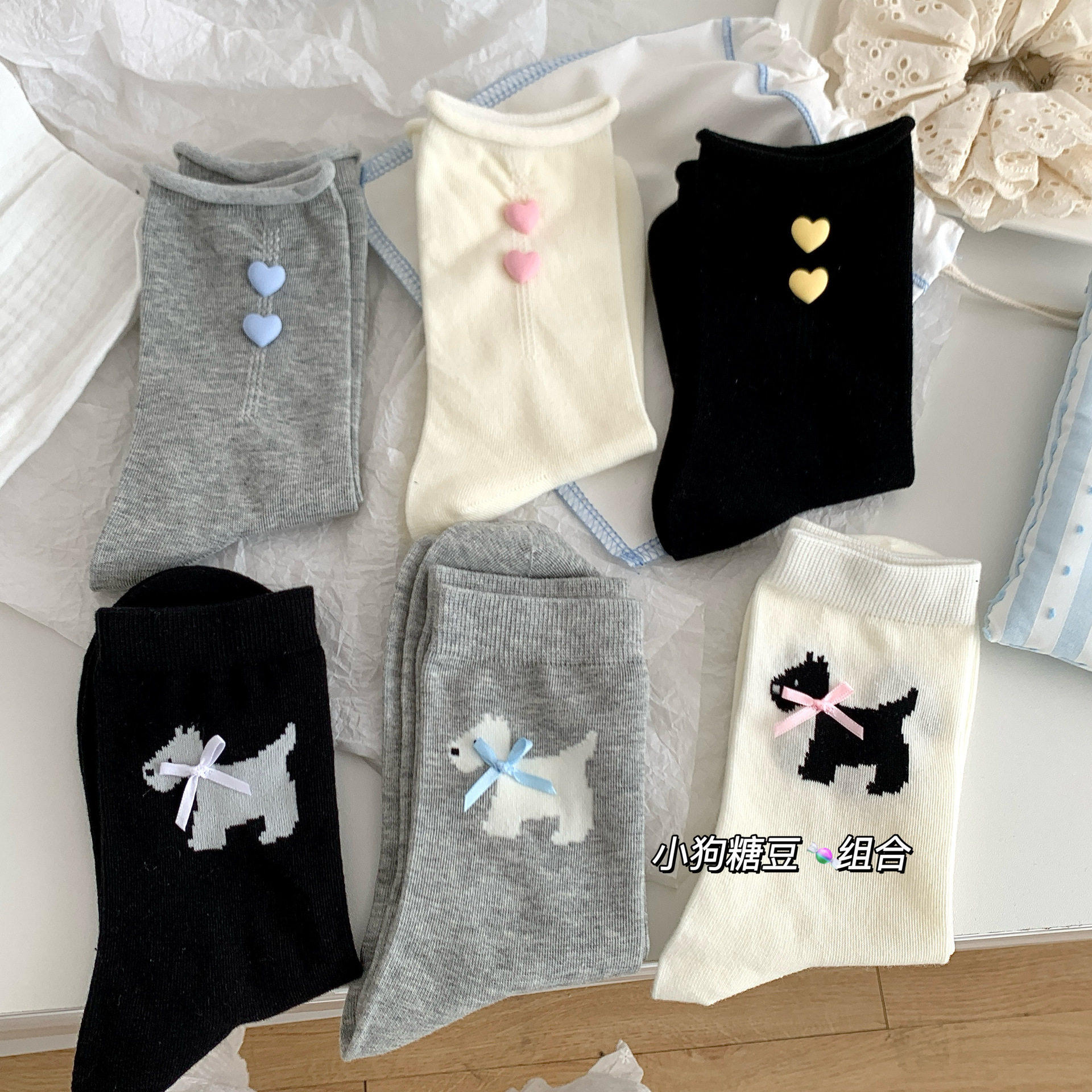 袜子女韩系ins费尔岛蝴蝶结爱心女中筒袜春夏薄款百搭配饰堆堆袜