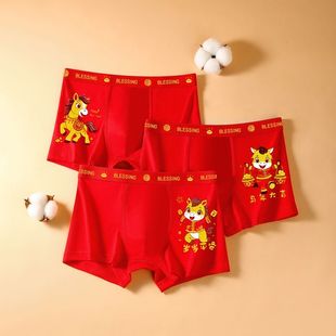 纯棉A类男童本命年红色内裤儿童四角短裤12岁属马平角中大童袜子