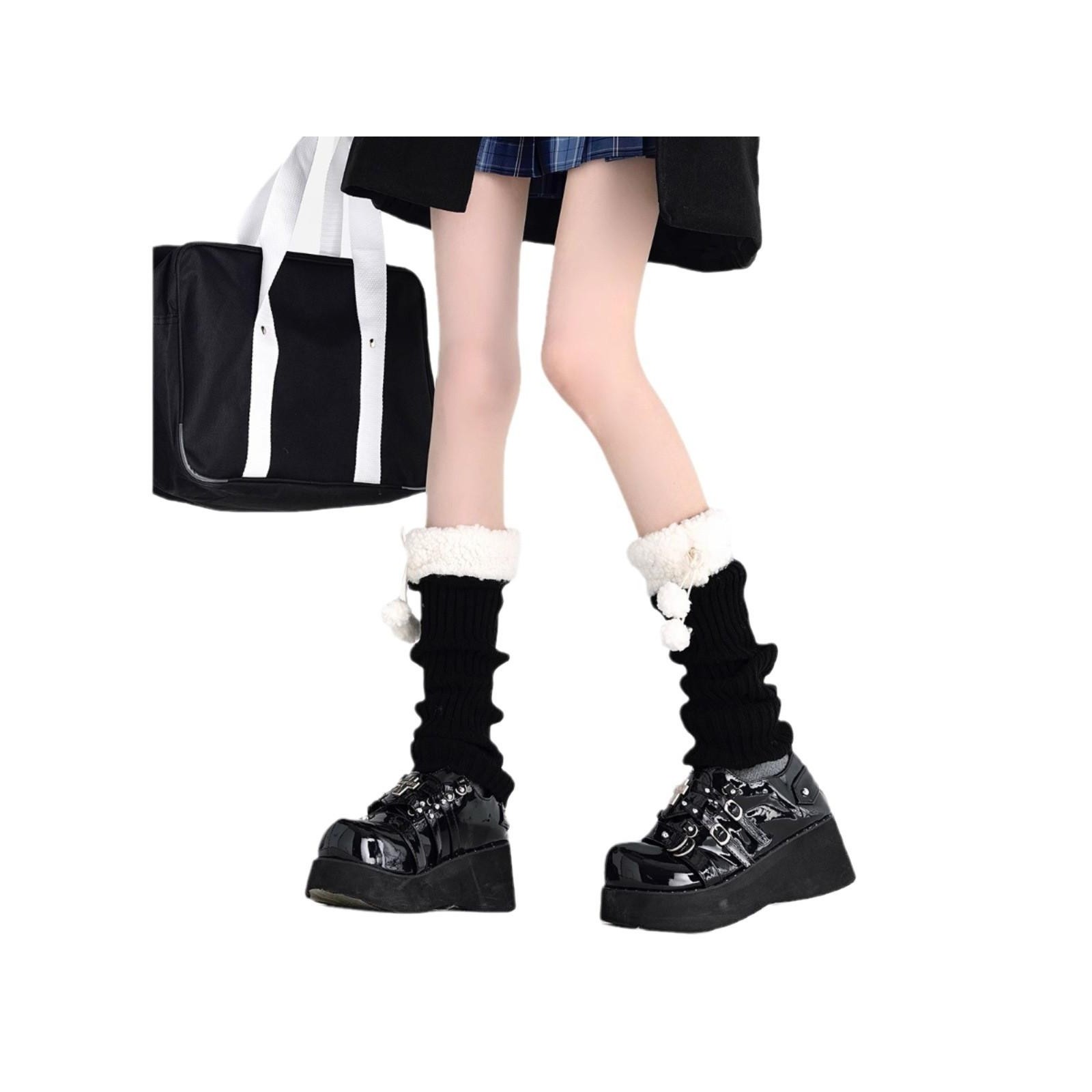 羊羔毛绒腿套冬天腿套jk蝴蝶结毛球可爱仿羊绒保暖堆堆袜子秋冬款