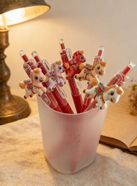 新款可爱马年寓意按动红笔中性笔卡通学生刷题神奇老师红色黑笔