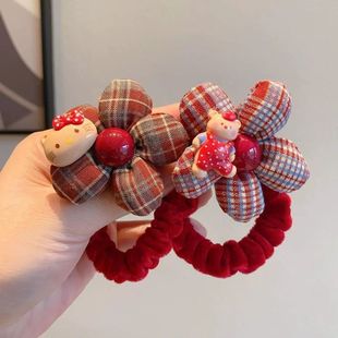 红色格纹花朵发圈儿童秋冬植绒扎发绳可爱卡通丸子头皮筋女童发饰