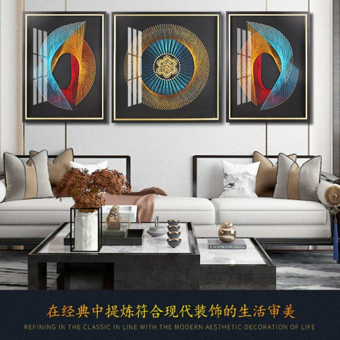 金帝丝绕线装饰画实物画客厅沙发背景墙三联画孔雀开屏现代简约图片