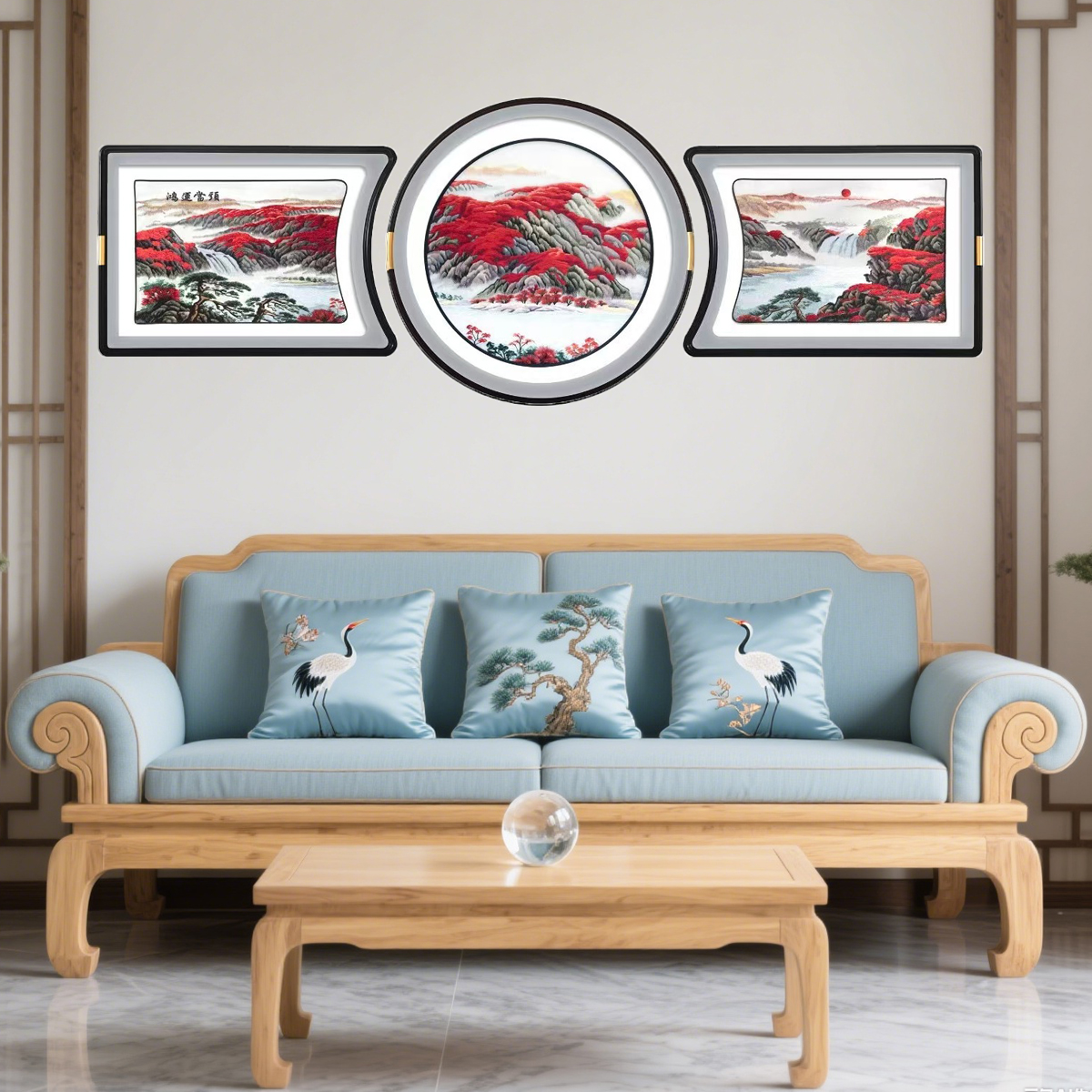 客厅高端刺绣装饰画新中式沙发背景墙壁画高档苏绣珠联璧合三联画图片