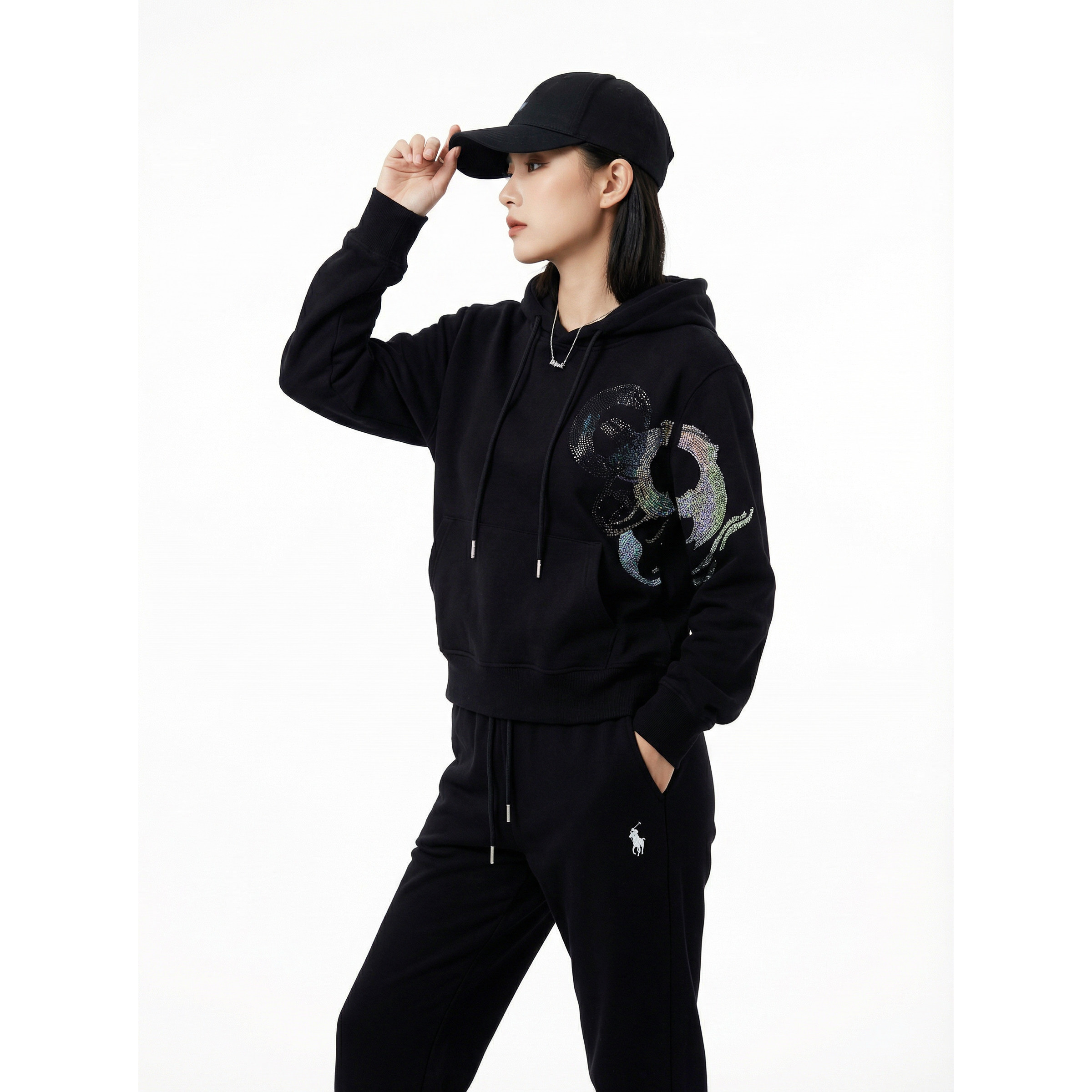 BW 运动风加绒加厚休闲套装宽松连帽卫衣卫裤两件套黑色女,女装/女士精品,时尚套装,淘宝优惠券,粉丝福利购,淘宝优惠卷