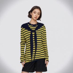 圆领条纹长袖 女2025秋季 t恤打底衫 新款 设计感印花上衣女中长款