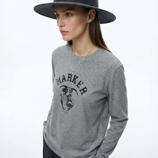 BW 磨毛狗狗图案长袖T恤打底衫女超凡舒适极简主义穿搭灰色