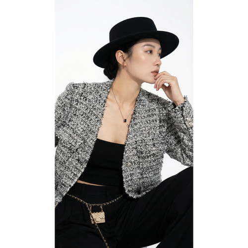 BW 静奢风粗花呢小香风女装轻奢风减龄圆领高定外套灰色加厚