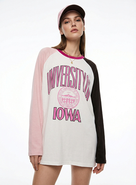 BW 撞色插肩袖t恤长袖T恤洋气新款防晒上衣粉拼咖打底衫