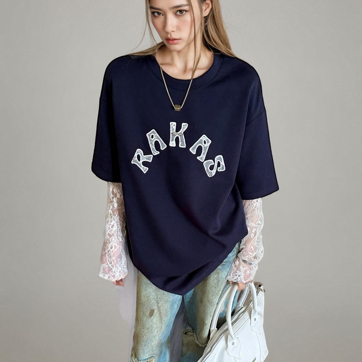 BWZ 2025春夏新款休闲时尚百搭设计感印花蕾丝袖假两件T恤上衣