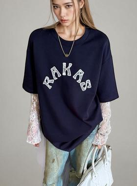 BWZ 2025春夏新款休闲时尚百搭设计感印花蕾丝袖假两件T恤上衣