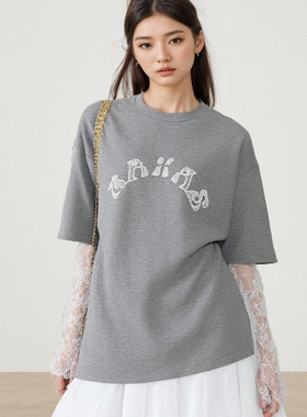 BWZ 2025春夏新款休闲时尚百搭设计感印花蕾丝袖假两件T恤上衣