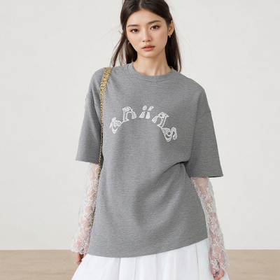 BWZ 2026春夏新款休闲时尚百搭设计感印花蕾丝袖假两件T恤上衣