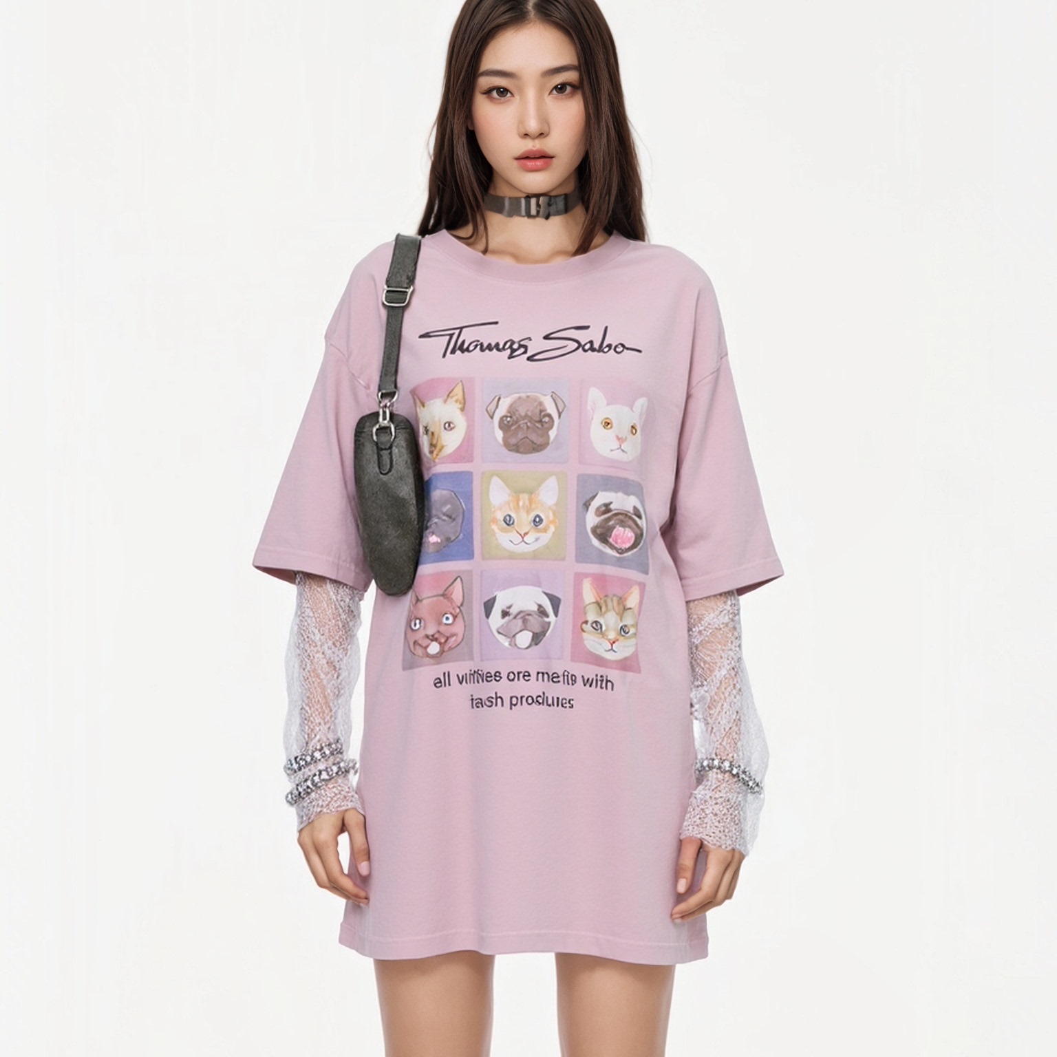 BW 2025夏季新款复古小猫咪T恤短袖夏季圆领上衣T恤女假两件