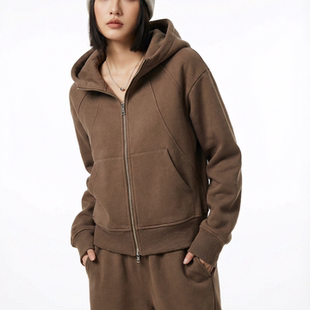 套装 卫裤 休闲开衫 重磅加绒两件套女深咖 运动风连帽卫衣拉链衫