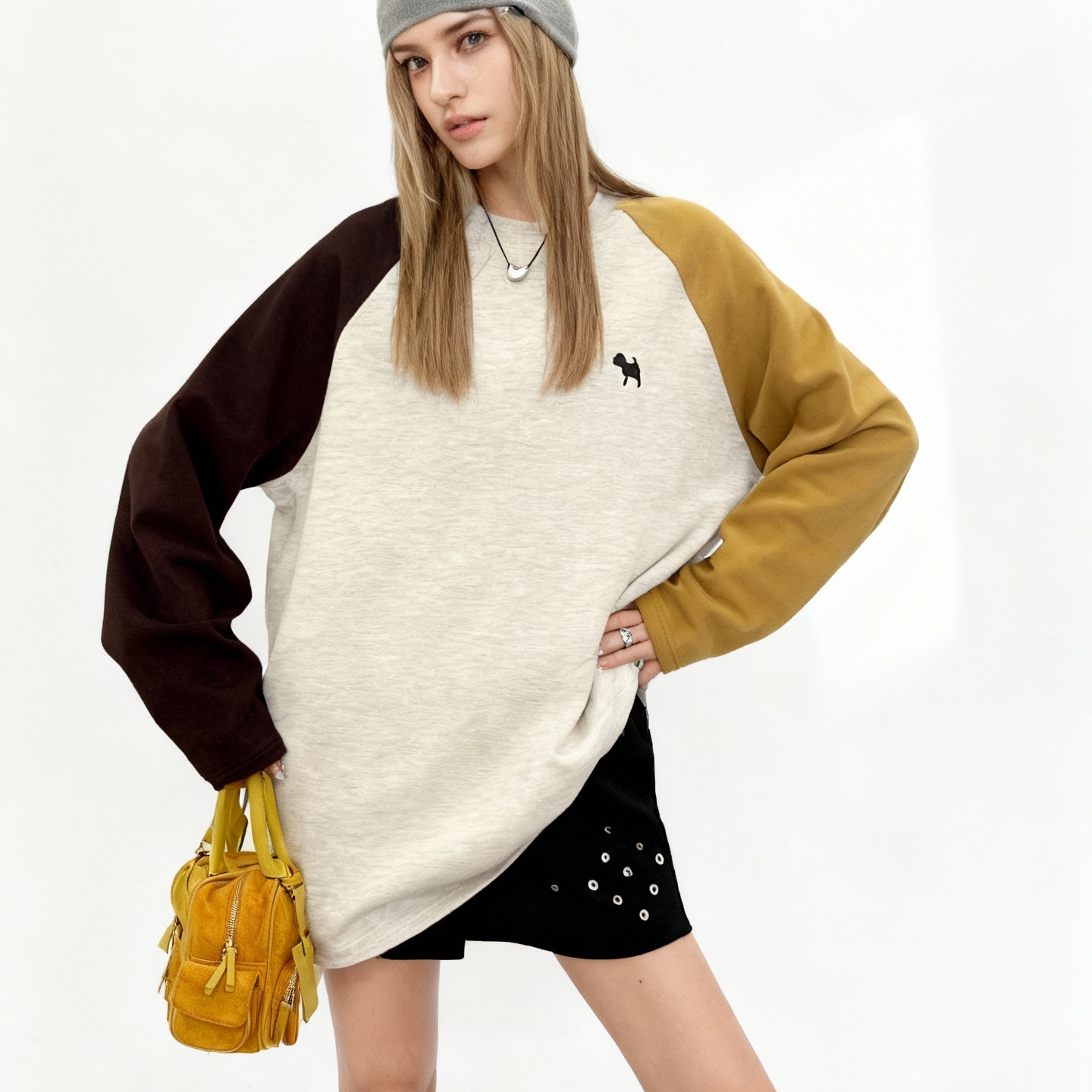 BW 秋冬实穿主义复古撞色插肩长袖T恤打底衫女圆领宽松显瘦拼色