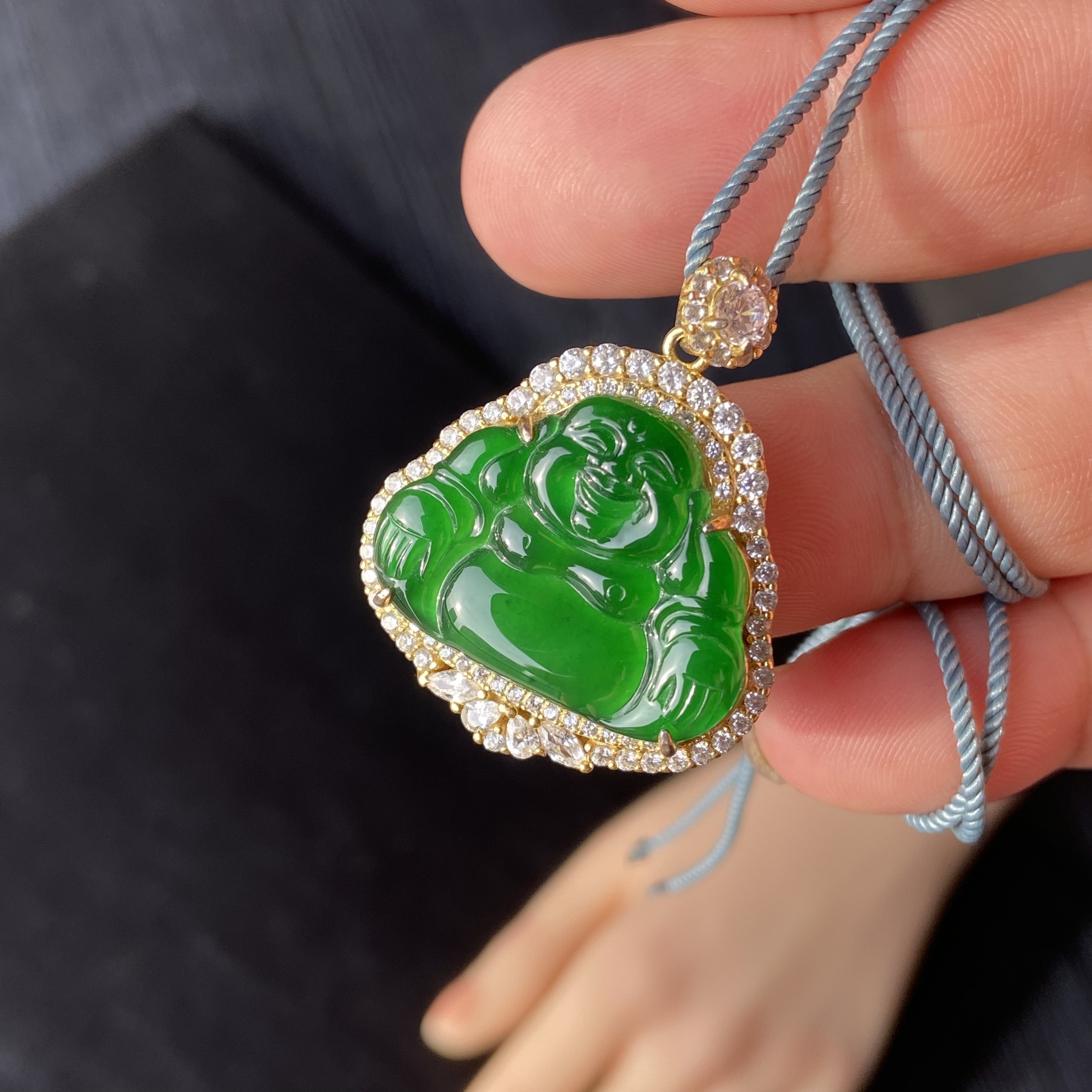 天然危地马拉翡翠满绿翡翠佛公吊坠925银镶配挂件绳一物一证包邮