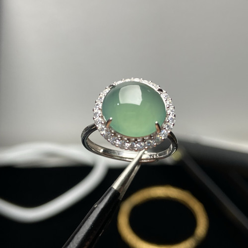 天然A货翡翠S925银镶冰种翡翠玉石冰种晴绿大蛋面正品戒指女戒