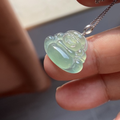 冰种翡翠玉佛吊坠女18K金镶佛公玉坠大肚笑佛弥勒佛一物一证配链