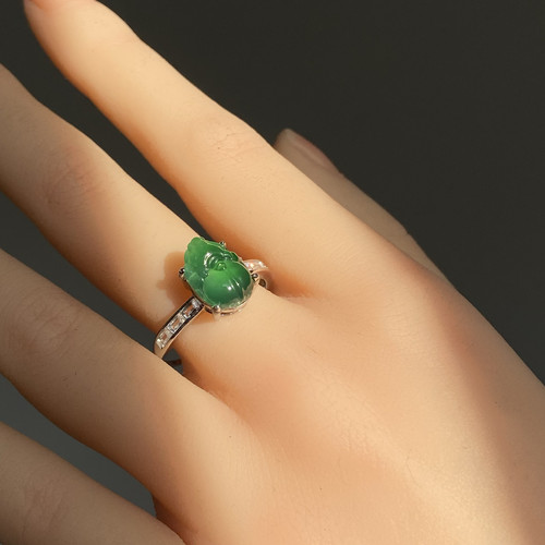 天然危地马拉翡翠冰种晴绿色貔貅戒指925银镶女款日常通勤款女戒