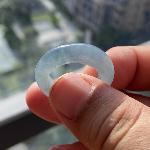 天然危地马拉翡翠冰种淡蓝色A货翡翠指环22号圈口厚装宽版指环