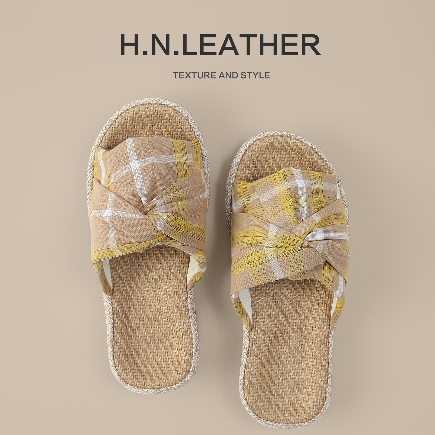 带足弓家用亚麻拖鞋女格子蝴蝶结软底防滑透气四季款凉拖室内静音