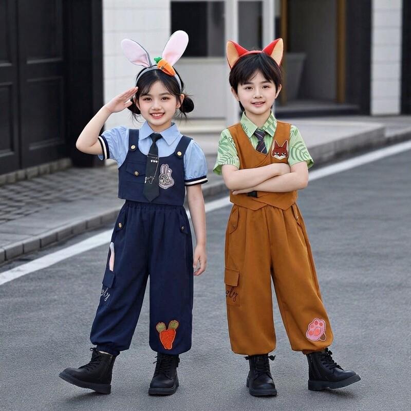 六一儿童卡通演出服男女通用cos服动物城主题朱迪尼克三件套装