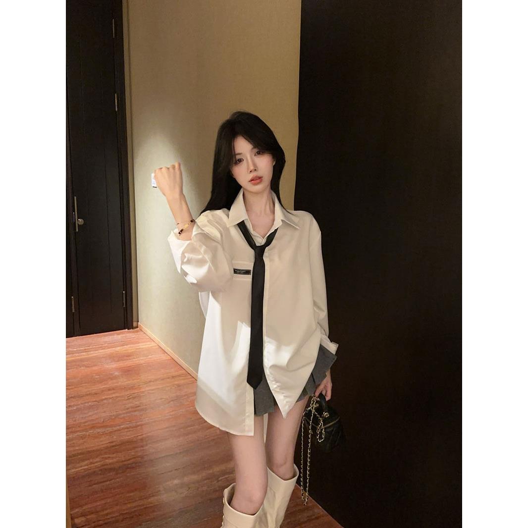 学院风套装jk制服领带衬衫女春秋休闲工作服宽松显瘦韩版白色上衣