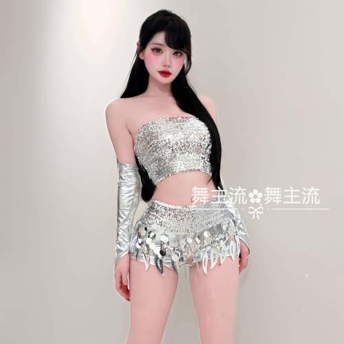 酒吧DS演出服新款女DJ领舞台chic性感辣妹银色亮片爵士舞时尚套装