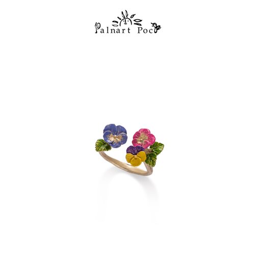 Palnartpoc小众三色堇花朵戒指