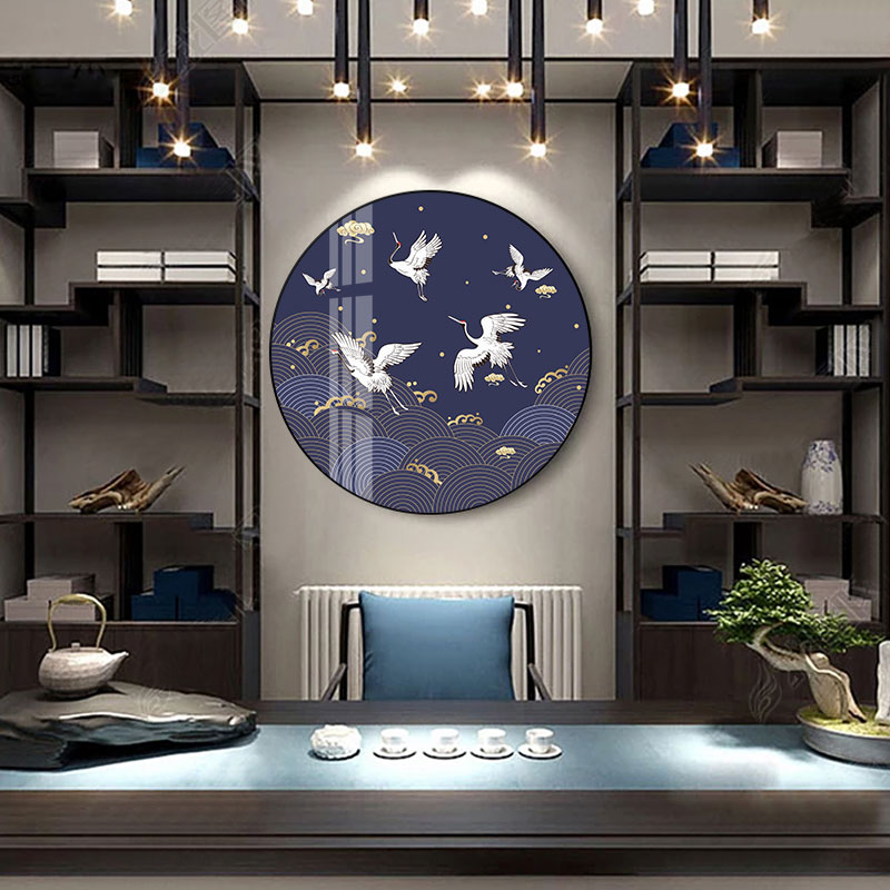 古风仙鹤圆形禅意装饰画民宿酒店办公室中国风走廊过道挂画玄关画图片