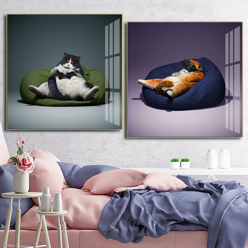 北欧现代创意卡通儿童房挂画熊猫猫咪大象犀牛空间艺术动物装饰画图片