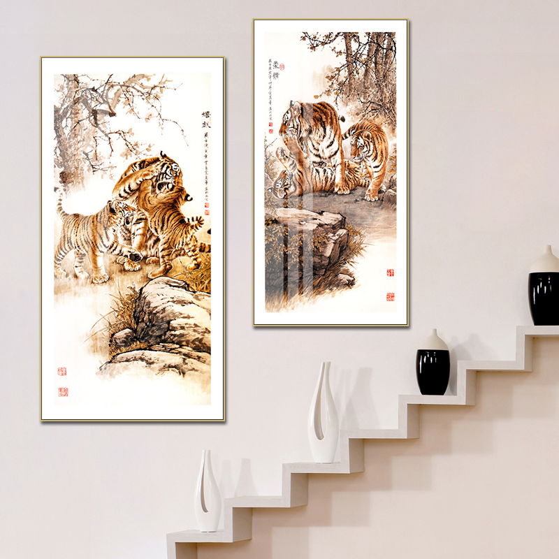 老虎挂画新中式猛虎上山图玄关镇宅动物装饰画走廊竖版下山虎壁画图片