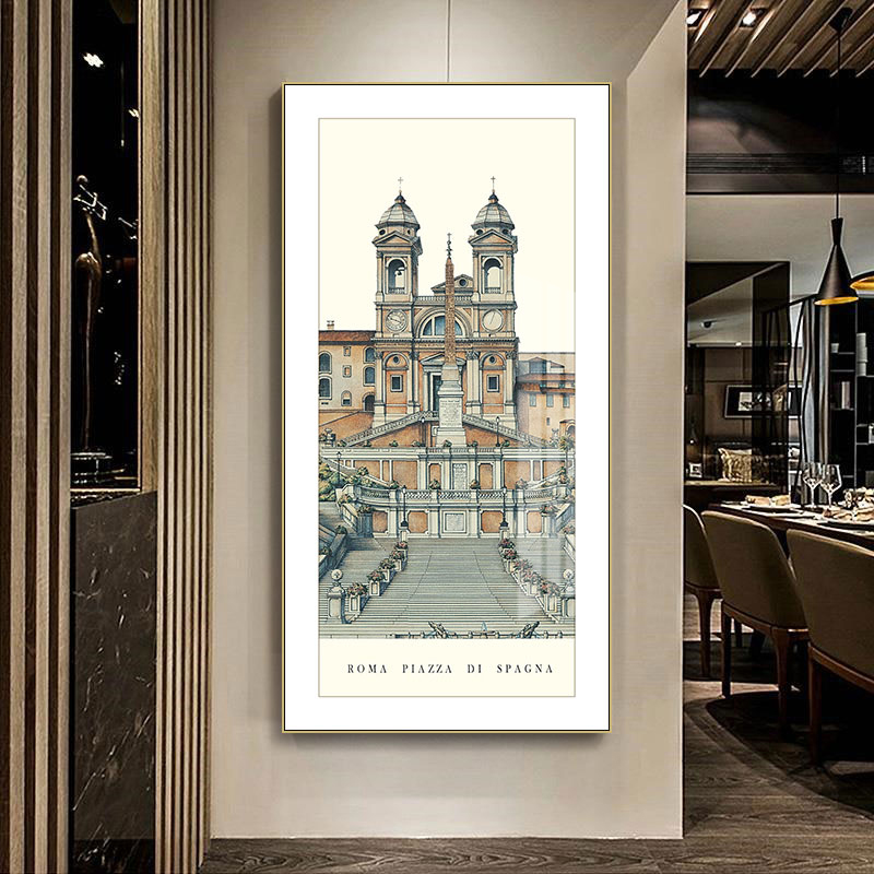 美式客厅装饰画欧式宫殿建筑设计壁画入户走廊过道背景墙玄关挂画图片
