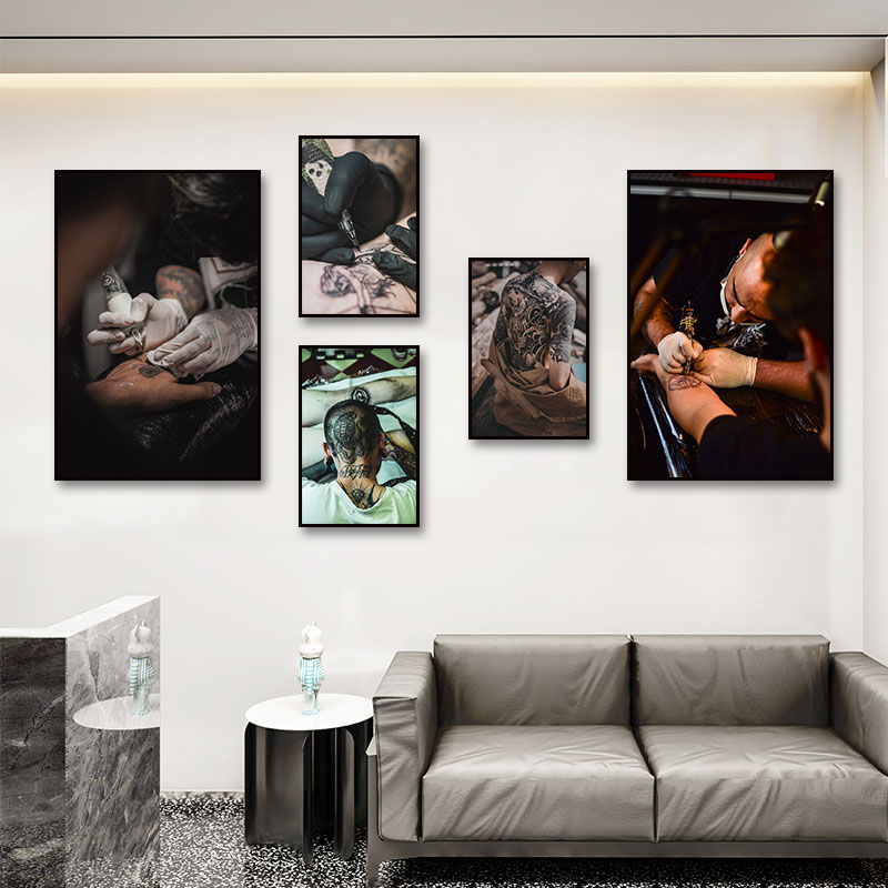 刺青纹身店装饰画美式理发店墙面壁画纹绣工作室barbershop挂画
