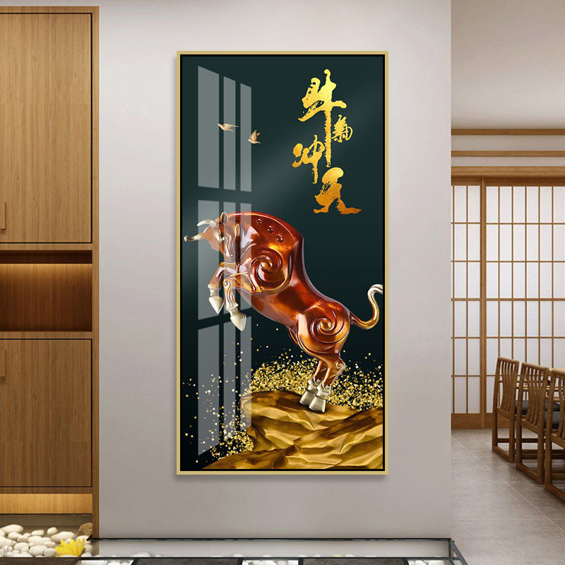 牛气冲天挂画办公室玄关牛转乾坤装饰画卧室过道走廊寓意金牛壁画图片