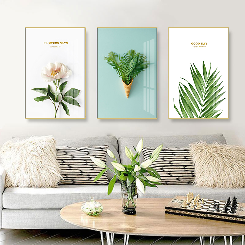 北欧客厅植物装饰画现代简约沙发背景墙小清新挂画绿植三联壁画图片