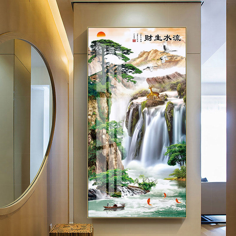 客厅书房公司新中式山水麋鹿挂画
