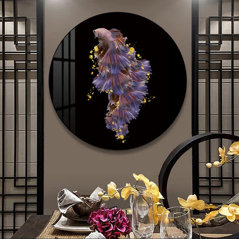 斗鱼凤凰鱼装饰画轻奢高档玄关锦鲤挂画招财风水圆形走廊过道壁画图片
