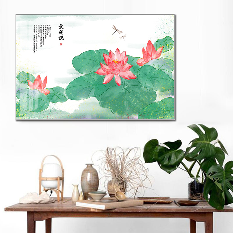 新中式荷花莲花客厅装饰画沙发背景墙荷叶壁画茶室餐厅禅意挂画图片