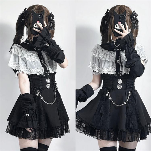 量产型蕾服原创日系短裙 蕾丝斗篷重工接袖长短袖袖套衬衫套装