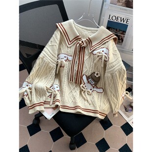 海军领学院风蝴蝶结毛衣套头女2025秋新款宽松慵懒风外穿针织外套