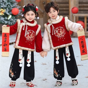 儿童拜年服2025新款男女童刺绣加厚唐装红色元旦喜庆过年汉服套装
