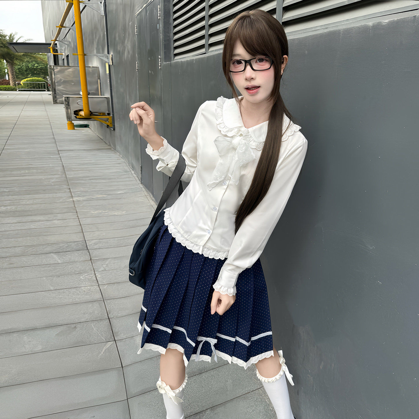 绀澜/茉寻jk原创波点裙织带花边裙绀色百褶裙A字型白色半身裙