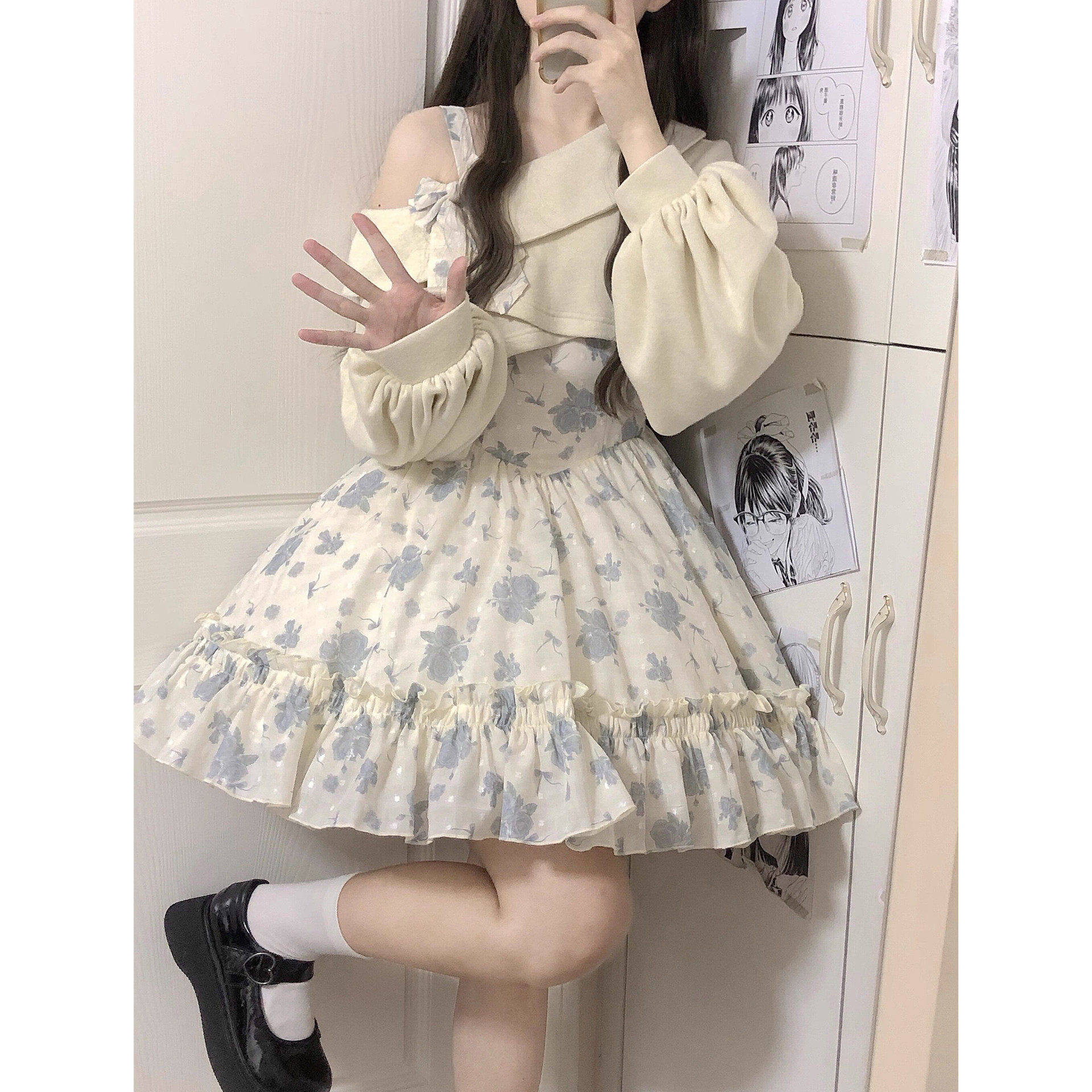 茶系穿搭一整套早秋季小个子纯欲甜妹罩衫蓬蓬连衣裙子两件套装女