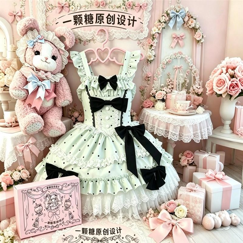 Lolita【一颗糖原创】波点黑巧甜心洋装收腰显瘦蓬蓬裙波点连衣裙