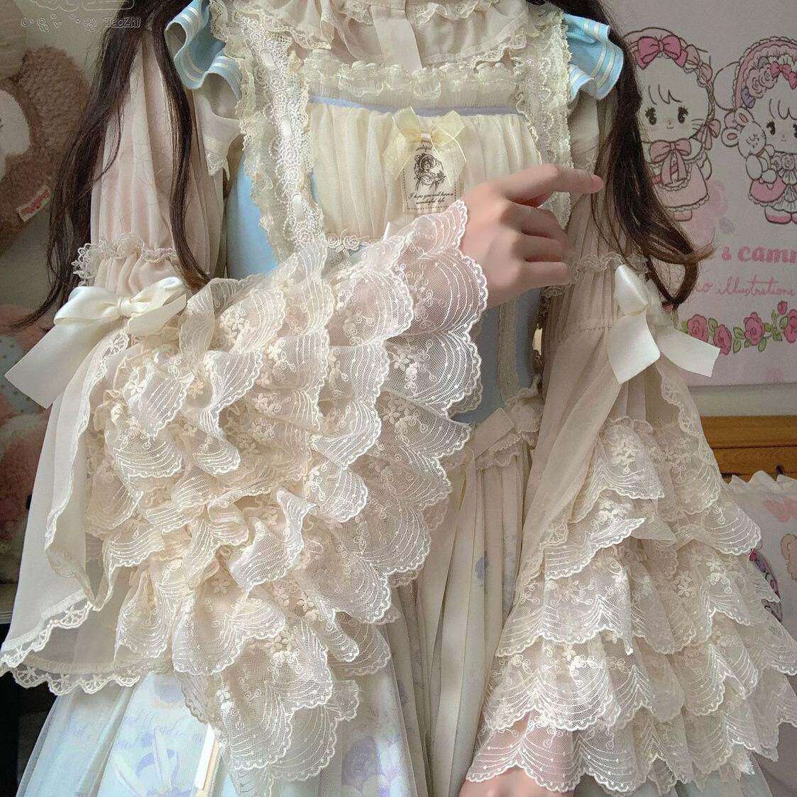 原创重工蕾丝doll感外穿Lolita姬袖雪纺衬衫洛丽塔华丽大摆袖内搭