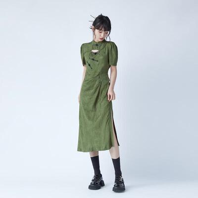 圆缺原创设计师款 新中式改良旗袍连衣裙女夏季国风镂空盘扣A字裙